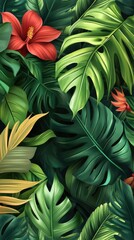Flowers and foliage background. Tropical leaves and colorful flowers on foliage nature background.