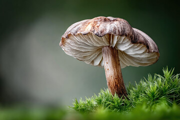 Mushroom stands tall in vibrant green moss, illuminated by soft natural light filtering through the trees nearby