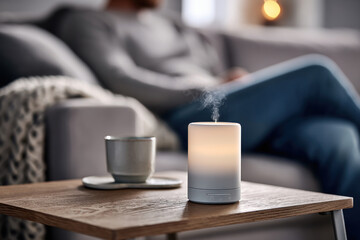 A calming atmosphere is created with an essential oil diffuser and a warm drink on a wooden table in a cozy living room
