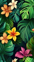 Flowers and foliage background. Tropical leaves and colorful flowers on foliage nature background.