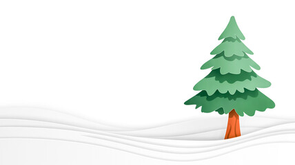 A minimalist digital illustration of a dark green evergreen tree with a brown trunk against a pure white background.