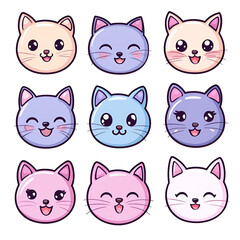 An adorable collection of nine cartoon cat faces, each showcasing different expressions