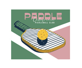 Retro vintage sports club vector design, Pickleball club vector artwork with typography, Pickleball on bat illustration