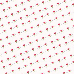 Seamless pattern with small pink flowers and soft blue dots on a light background. Hand-drawn watercolor style, perfect for fabric, wrapping paper, wallpaper, and stationery designs