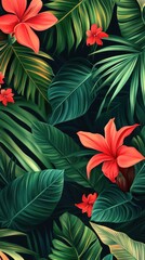 Flowers and foliage background. Tropical leaves and colorful flowers on foliage nature background.