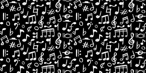 Handwritten pop music elements. Charcoal style seamless pattern. Scribble notes for bold, creative projects. Vector illustration of a cute kindergarten childish music school pastel or wax pencil signs