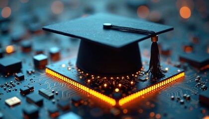Naklejka na ściany i meble Graduation cap atop circuit board education tech integration. Modern concept for learning innovation, future career, smart technology. Digital transformation, online learning, achievement, higher