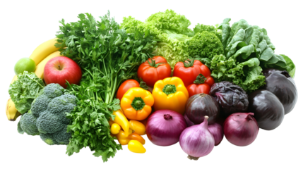 A variety of vegetables and fruits are displayed on a white background. Concept of abundance and freshness, as the colorful produce is spread out in a visually appealing manner