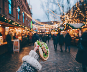 Enjoying a delicious street food meal at a festive market during dusk in winter