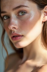 Naklejka premium Young woman portrait, natural beauty. Soft skin with freckles. Glowing healthy face. Fresh look with minimal makeup, subtle lip gloss, bright spring light. Attractive female with serene, confident