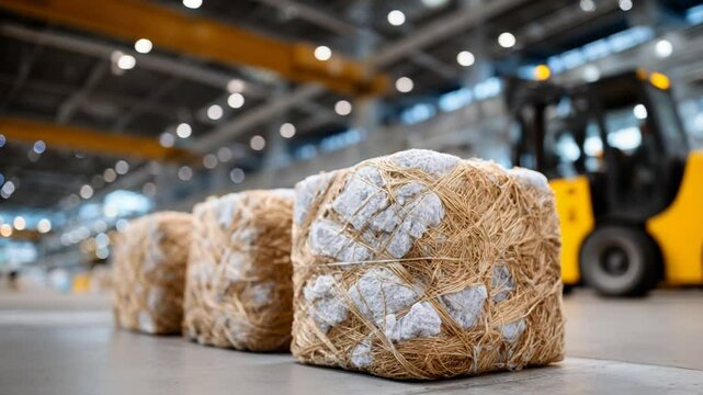 Factory Worker  Cotton Bales with Industrial Production.