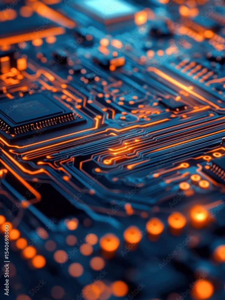 Poster close-up of a circuit board, showcasing intricate pathways and a central processor, symbolizing tech