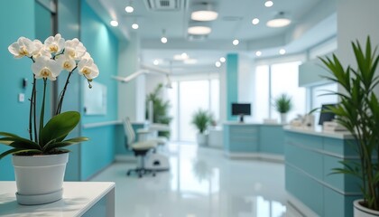 Obraz na płótnie Canvas Modern dental clinic interior. Clean bright space, soothing colors, decorative plants create calm environment. White orchid, teal walls, reception desk. Pro healthcare business with open space,