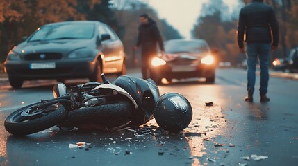 Motorcycle accident involving cars on a city street at dusk