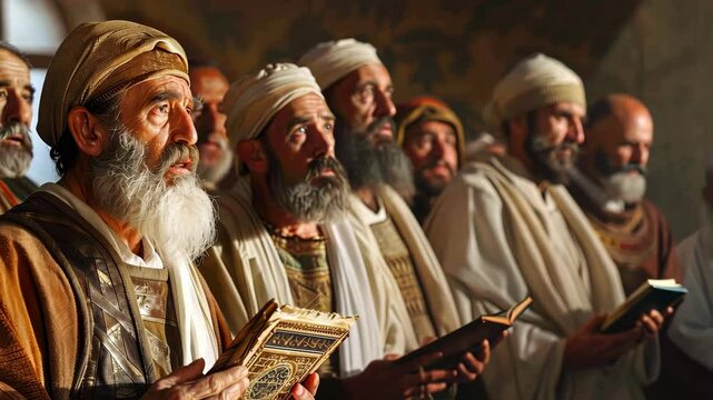 Devout Jewish priests leading worship in a Jerusalem synagogue