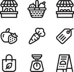 Nine Black and White Line Art Farmer Market Icons farmer's market