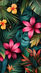 Naklejka premium Flowers and foliage background. Tropical leaves and colorful flowers on dark foliage nature background.