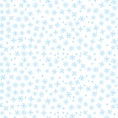 Seamless pattern of quirky Xmas blue snowflakes in wax crayon or charcoal squiggle style. Perfect for Christmas kindergarten blackboard backgrounds, textiles, and wrapping. Vector illustration