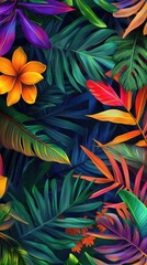 Naklejka premium Flowers and foliage background. Tropical leaves and colorful flowers on dark foliage nature background.