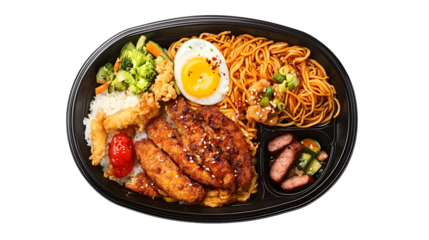 A black tray with a variety of food including noodles, meat, and vegetables. The food is arranged in a way that makes it look appetizing and inviting