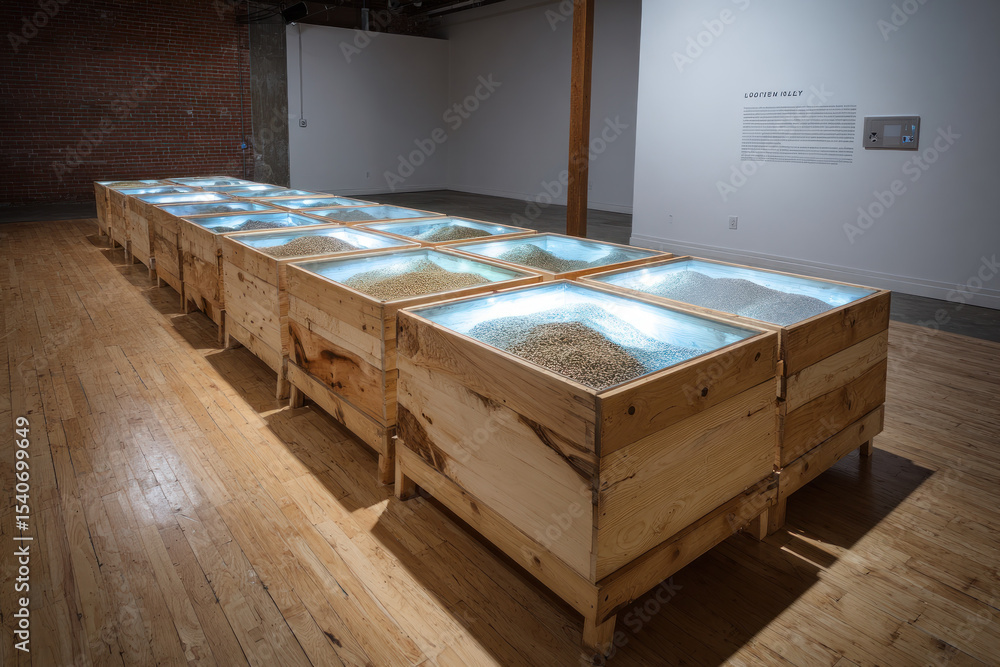 Poster illuminated wooden boxes filled with sand create an engaging art installation in a modern gallery se