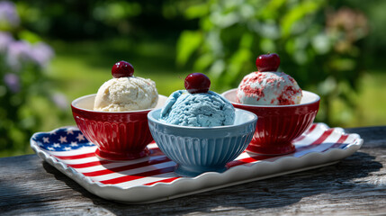 Red, white, and blue ice cream bowls with patriotic icing on a tray under a maple tree in warm morning sunshine
