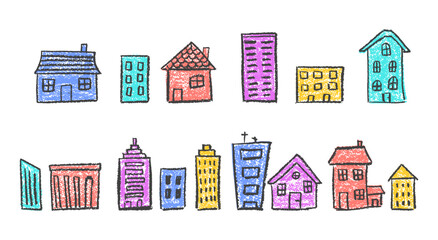 Set of colorful pastel buildings for children, featuring wax and charcoal squiggle crayon textures. Ideal for ecology, kindergarten, school or neighborhood-themed art projects. Vector illustration