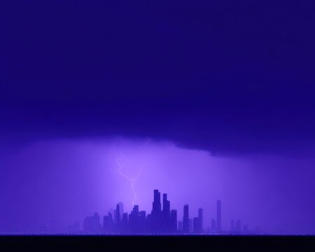 City skyline silhouetted against a vibrant purple storm