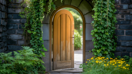 A mystical garden door set within a curved stone archway, featuring a natural wooden door with vertical panels and a silver handle.