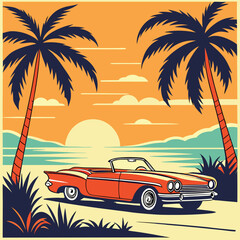 Vibrant orange convertible rests near the coast amid silhouetted palm trees against a sunset