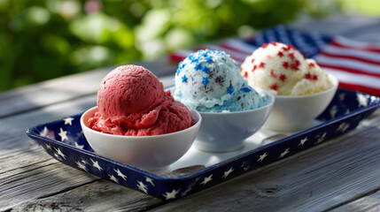 Red, white, and blue ice cream bowls with patriotic icing on a tray under a maple tree in warm morning sunshine