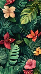 Naklejka premium Flowers and foliage background. Tropical leaves and colorful flowers on dark foliage nature background.