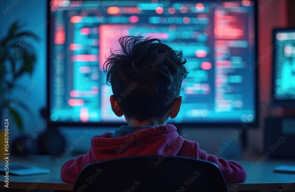Poster young child sits computer, studies coding. dark room, blue light from monitor. data protection, cybe