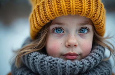 Child with striking blue eyes wears yellow beanie, cozy scarf on winter day. Outdoor portrait featuring freckles, soft lighting. Youthful beauty expression, natural look. Cold weather, winter fashion
