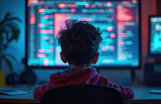 Young child sits computer, studies coding. Dark room, blue light from monitor. Data protection, cybersecurity for kids. Internet safety, educational tech.