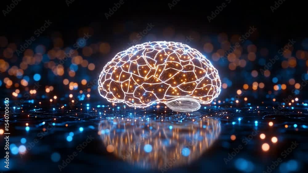 Poster Illuminated Brain: Abstract representation of human brain with glowing neural pathways, reflecting on a dark surface with sparkling particles. 