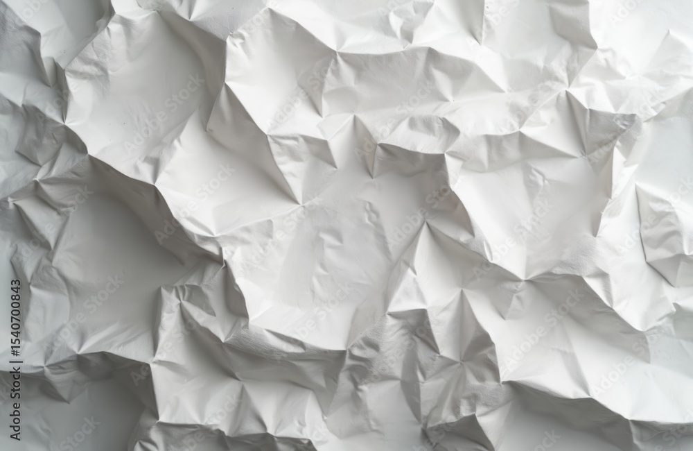 Poster Crumpled white paper background with textured surface. Wrinkled blank page or canvas abstract backdrop. Creative design element or decor, copy space. Ideal minimalist modern aesthetic.