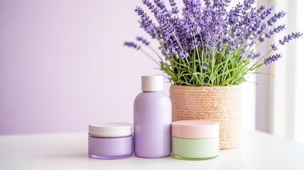 A product photography composition featuring three pastel-colored skincare containers against a soft pink and purple gradient background.
