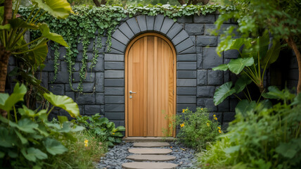 A mystical garden door set within a curved stone archway, featuring a natural wooden door with vertical panels and a silver handle.