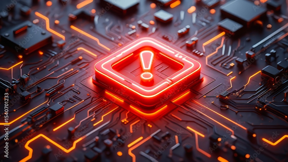 Poster red triangular warning symbol on glowing circuit board, representing digital error.