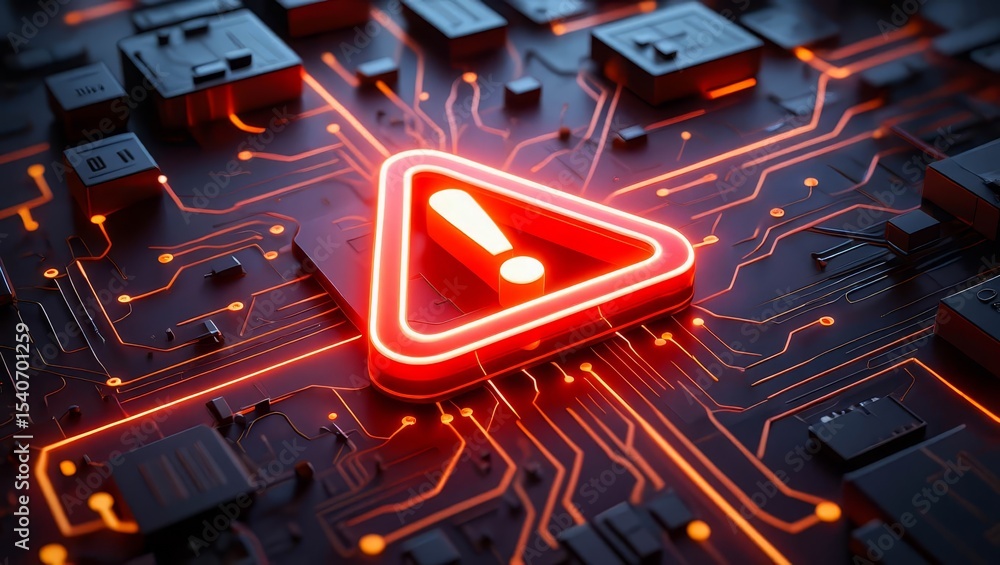 Poster red triangular warning symbol on glowing circuit board, representing digital error.