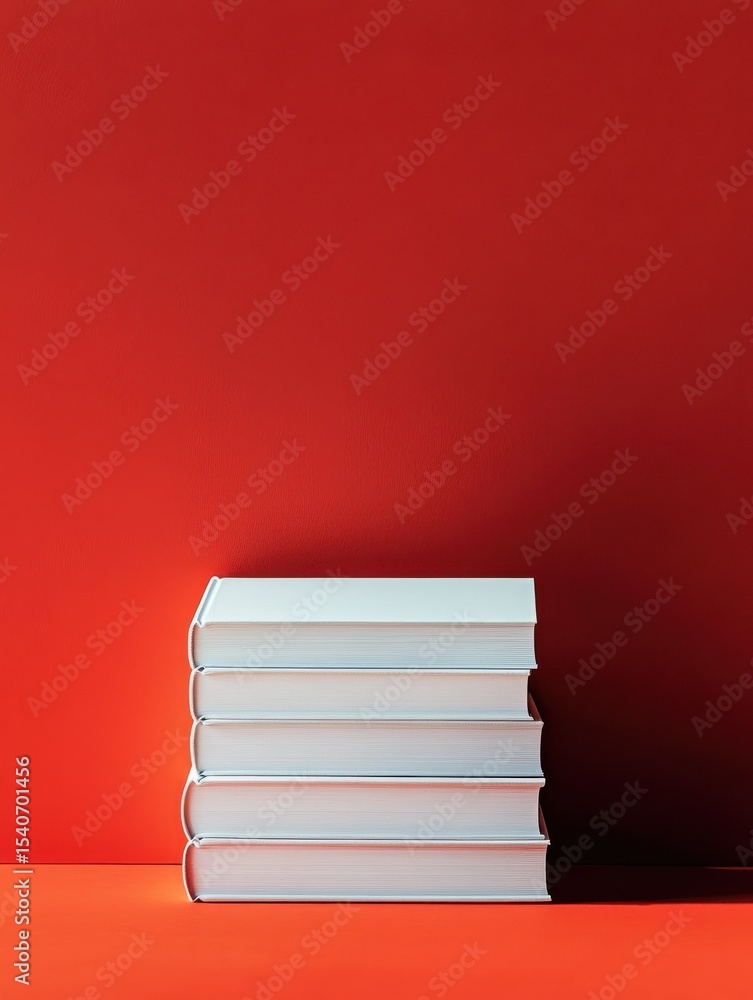 Poster a stack of four blank books lies neatly on a smooth surface, contrasting with a vivid red backdrop. 