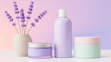 A product photography composition featuring three pastel-colored skincare containers against a soft pink and purple gradient background.