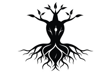 Stylized Black Silhouette Tree with Roots and Leaves on a Clean Background