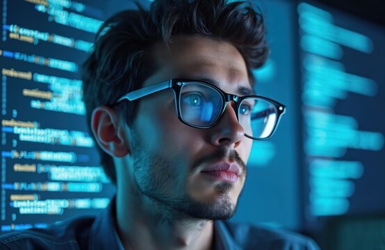 Programmer in glasses looks at data on a monitor. Night time, code screen reflection in his glasses. IT expert, developer working on cybersecurity, data analysis, coding project.