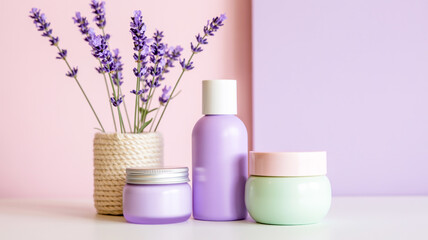 A product photography composition featuring three pastel-colored skincare containers against a soft pink and purple gradient background.