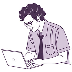 Focused young businessman works on laptop wearing eyeglasses and a tie at desk