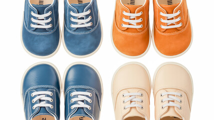 A product photography layout of four pairs of children's casual shoes arranged in a 2x2 grid against a white background