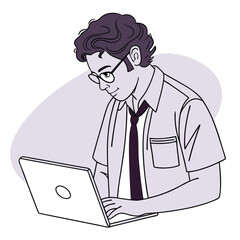 Focused young professional types on his laptop while dressed casually in an office setting