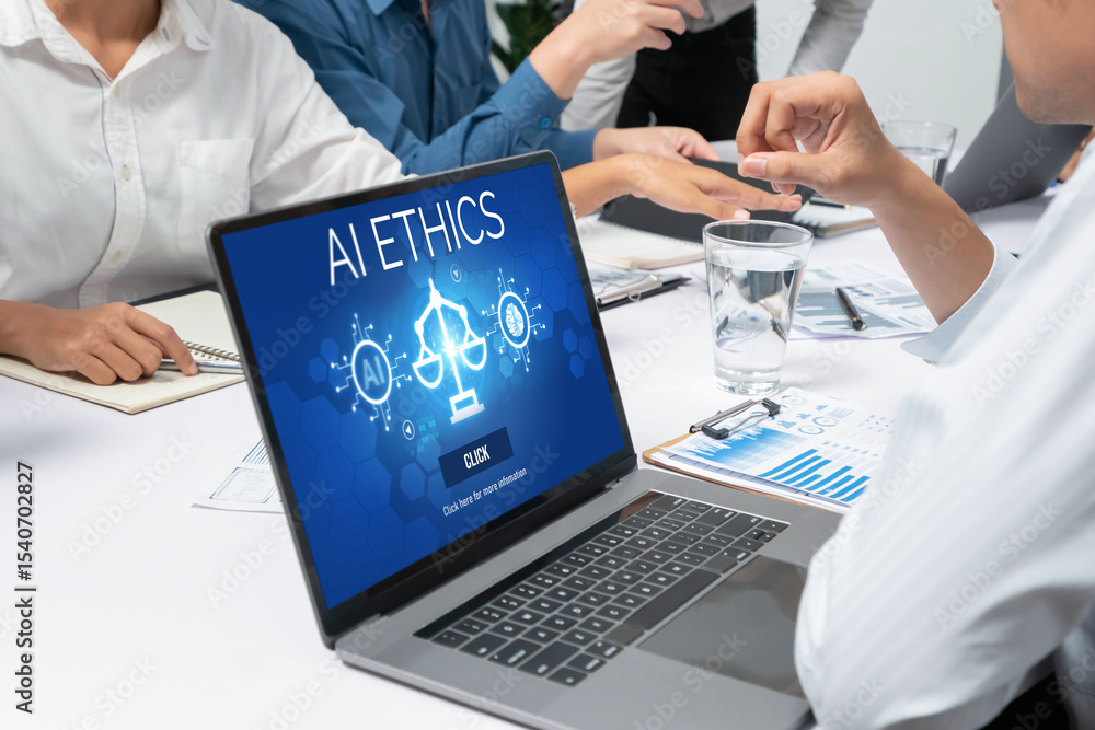 Poster ai ethics responsibility standard law and rules on computer screen provide report of ai ethic transp
